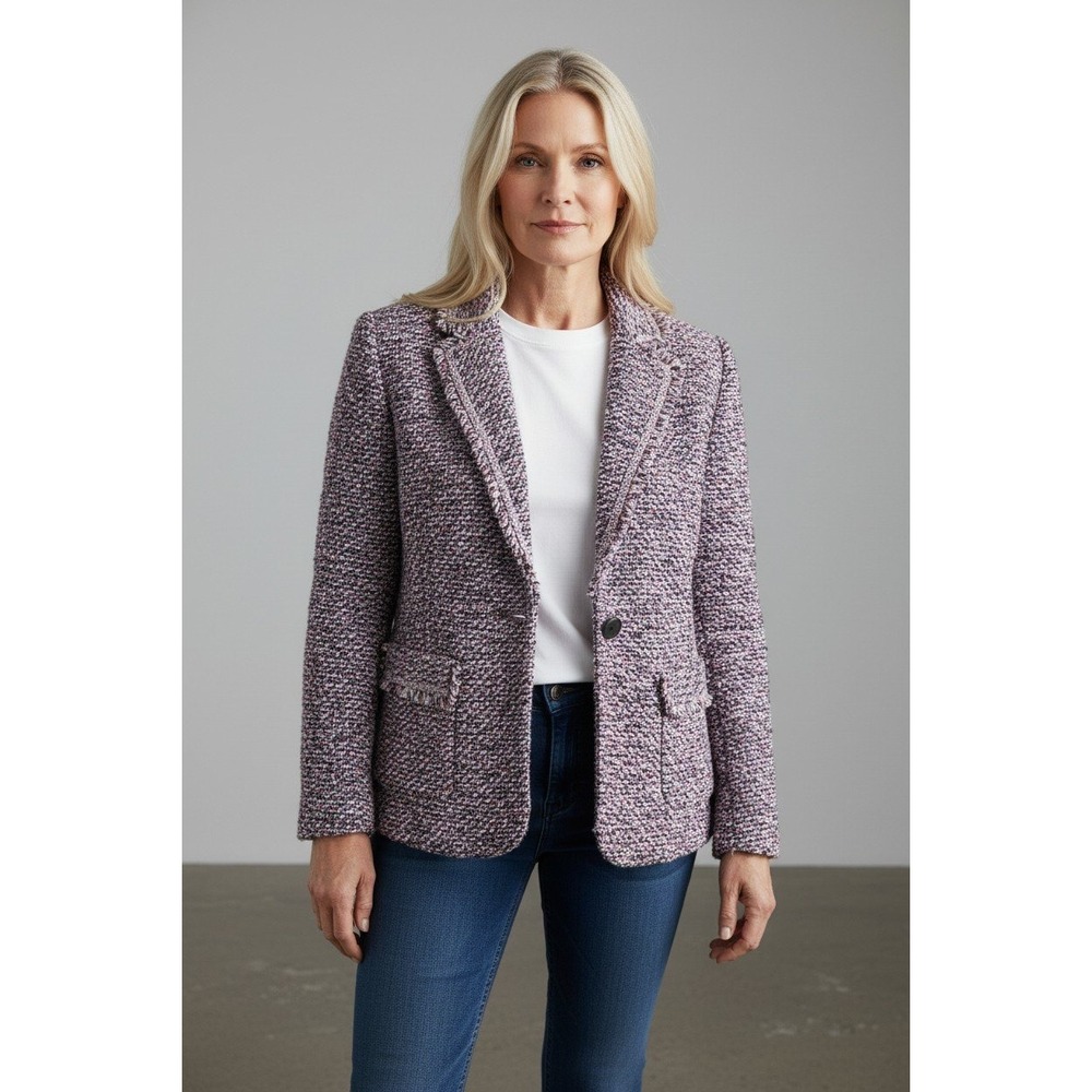 Chicos Notch Collar Tweed Knit Blazer Jacket Sweater Pink Blue White Large 2